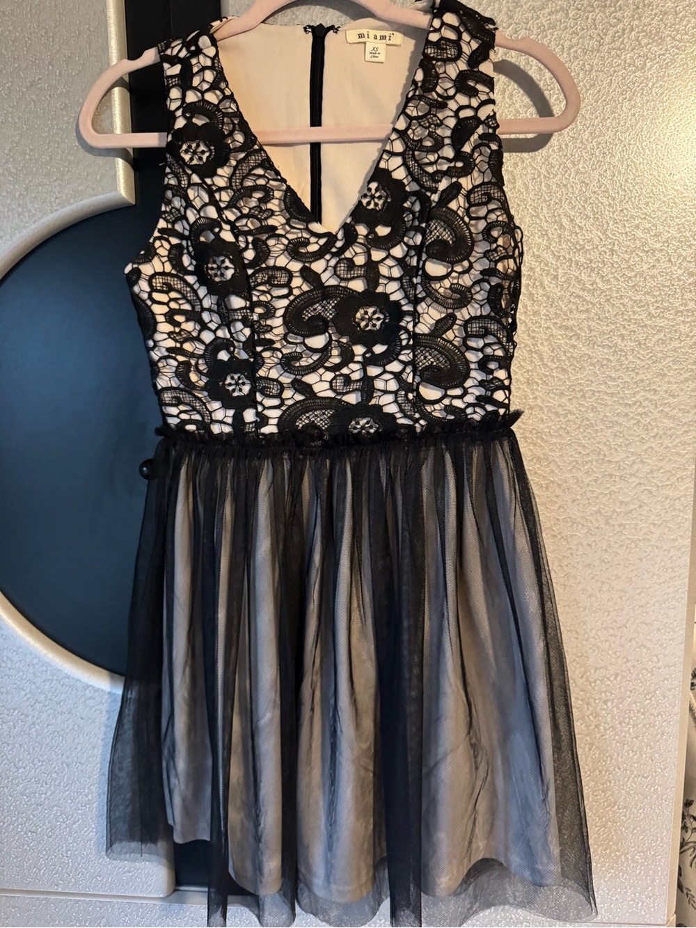Francesca Miami Black Lace over Ivory Midi Dress with Tulle Skirt